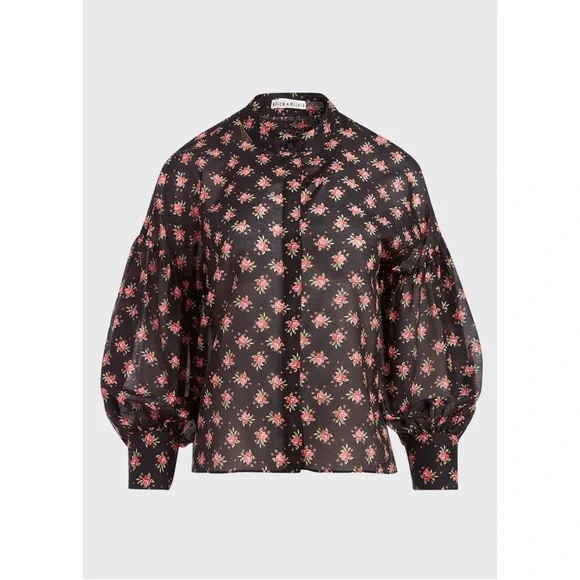 Alice + Olivia Paulita Top Med Black Pink Floral Cotton Silk Designer Feminine - Picture 4 of 12